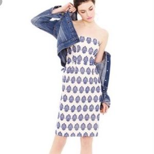 J. Crew strapless dress ivory with blue embroidery